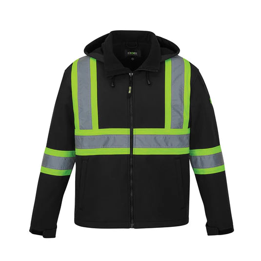 Black Hi Vis Safety Softshell w/Detach Hood & Zip Pkts