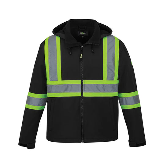 Black Hi Vis Safety Softshell w/Detach Hood & Zip Pkts